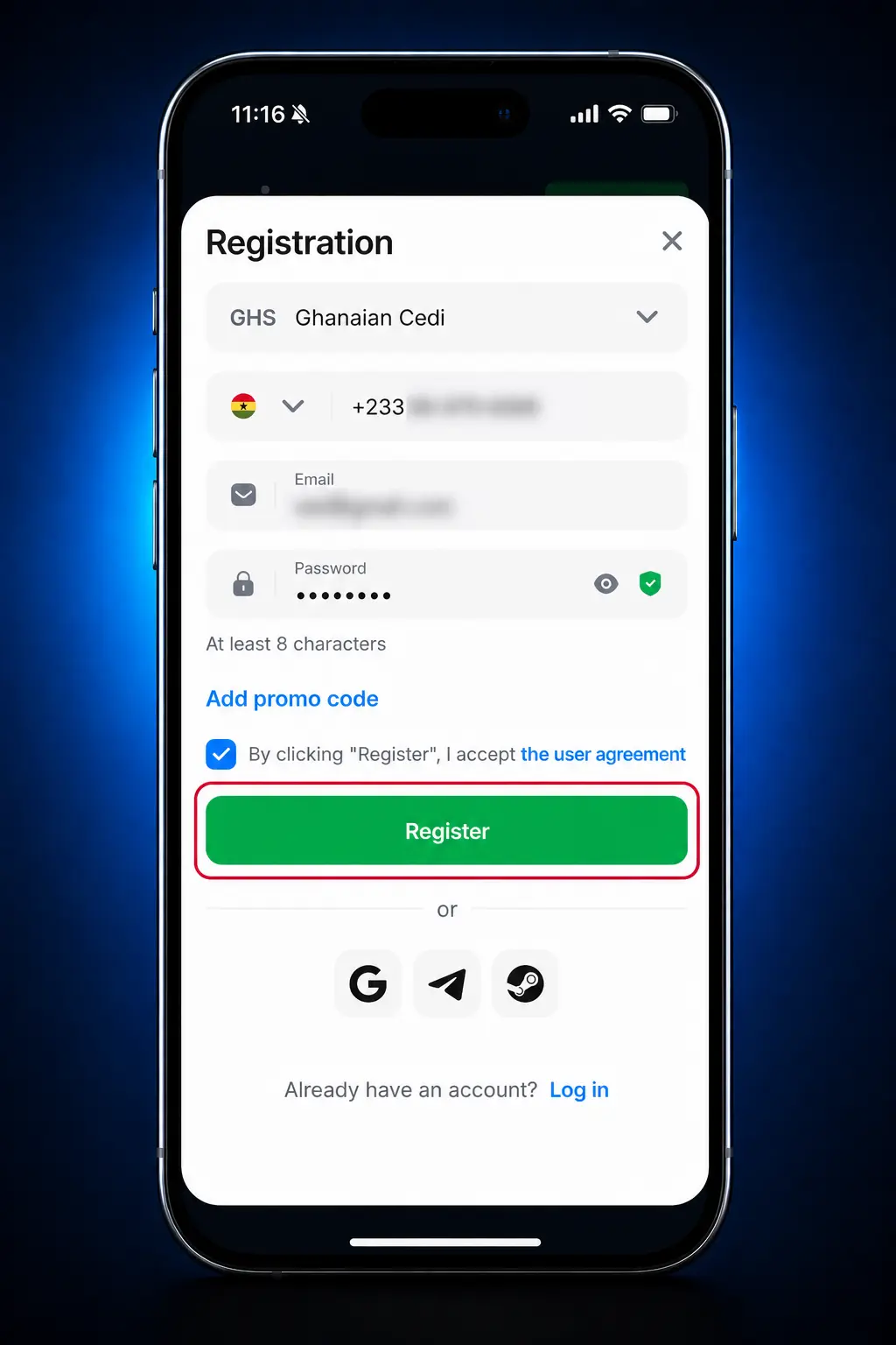 1win sign up steps screenshot showing registration form with phone, email, or social login options